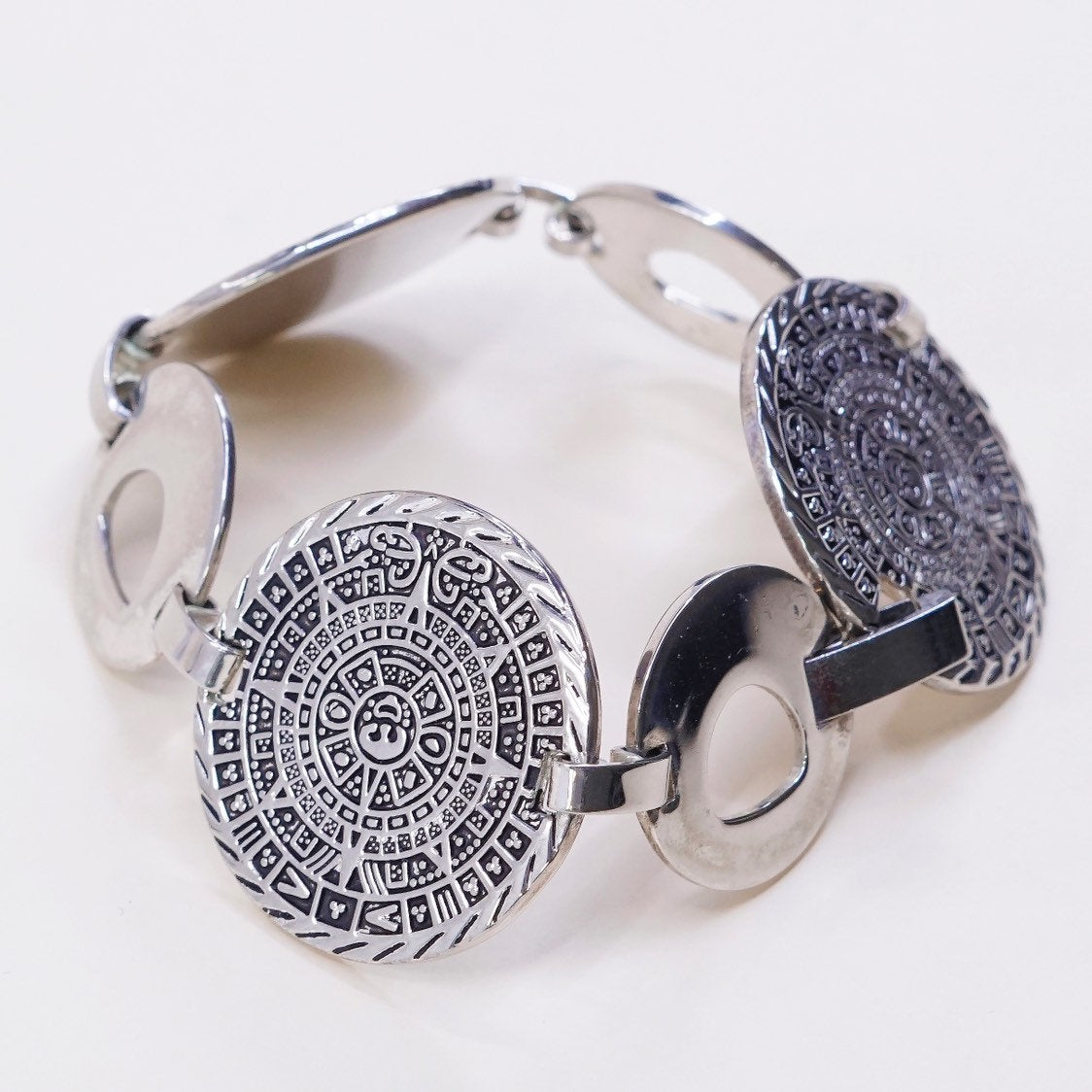 7.5”, VTG Sterling silver handmade bracelet, 925 Aztec perpetual calendar links