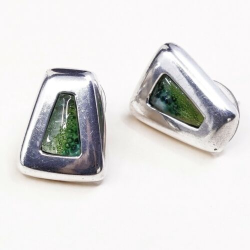 Vintage Sterling Silver Handmade Earrings, 925 Silver Studs W/ Green Glass