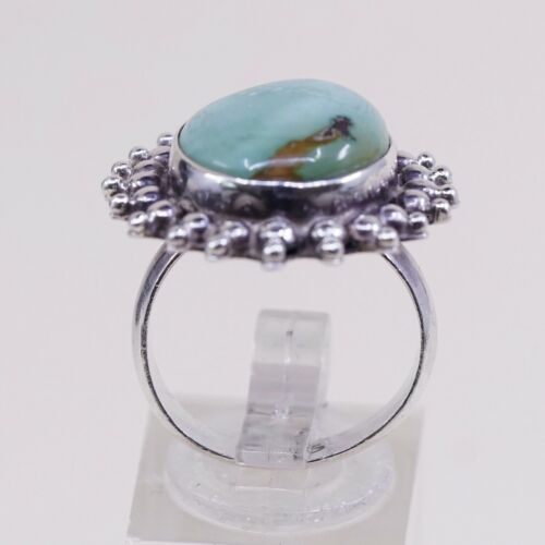 Sz 7, Vtg Sterling Silver Handmade Ring W/ Oval Turquoise N Beads, Stamped 925