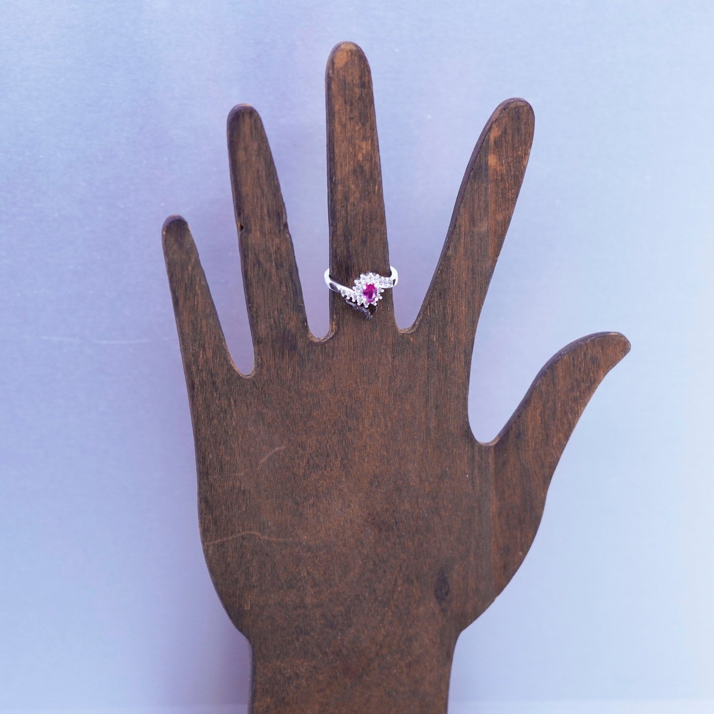 Size 6.25, vintage Sterling 925 silver handmade ring with ruby and cz around