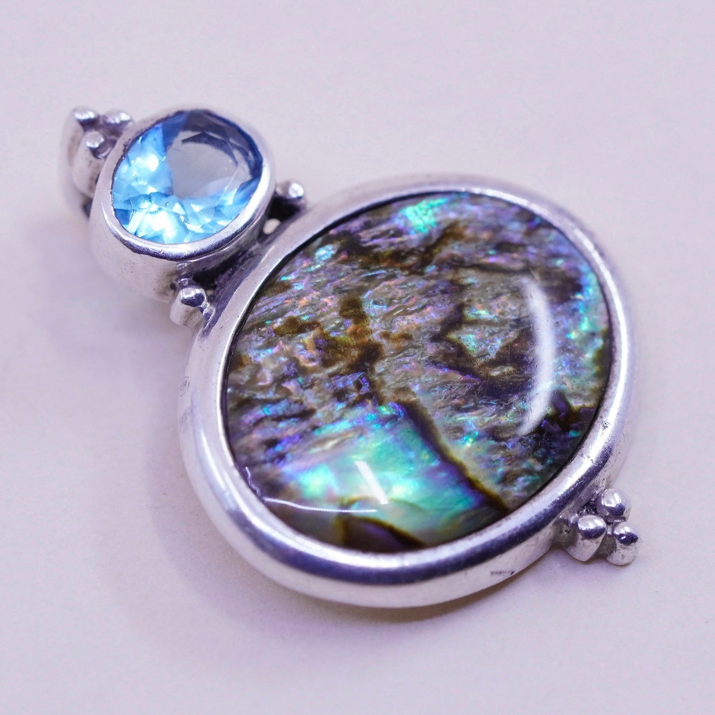 Vintage sterling 925 silver handmade pendant with abalone and topaz