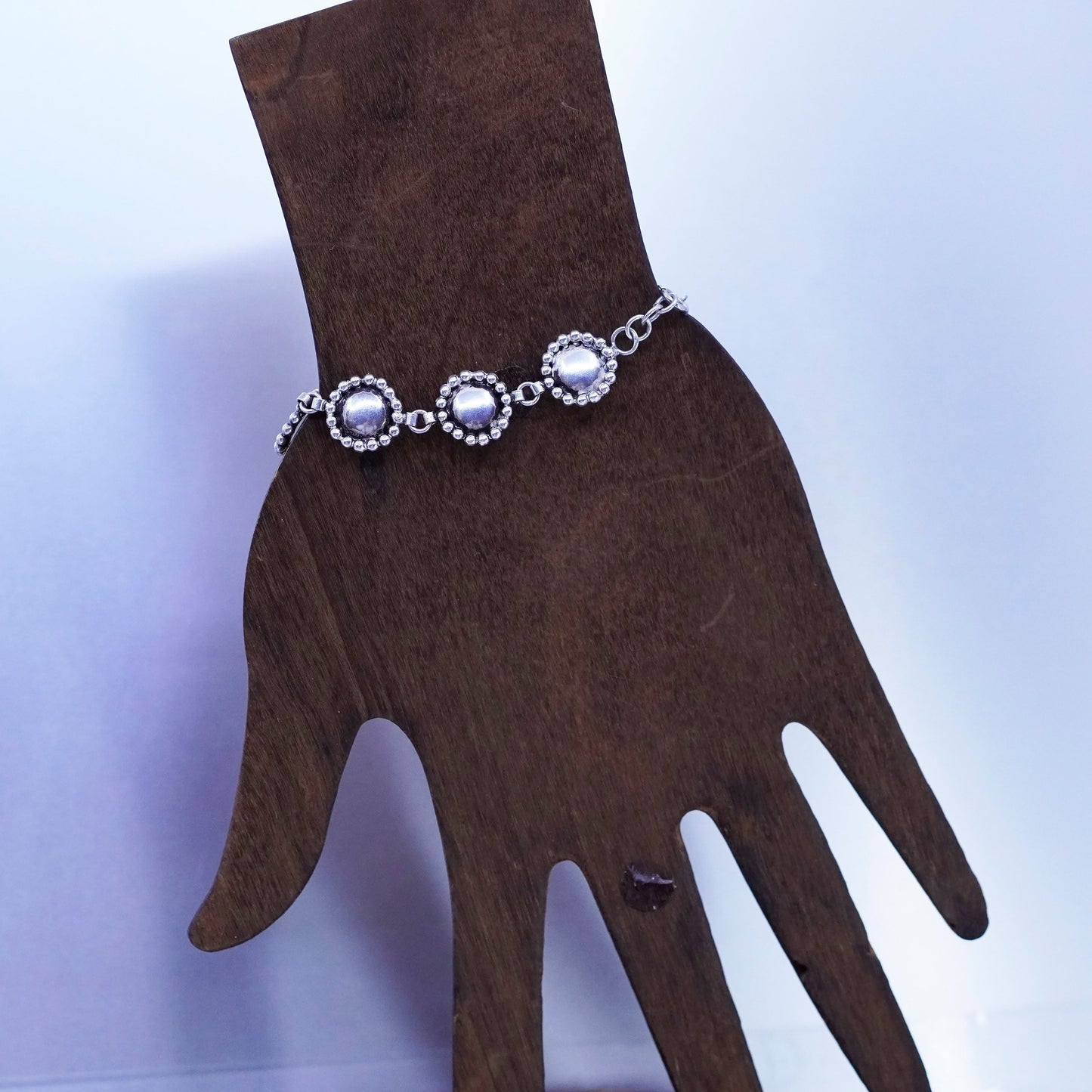 7”, Vintage Sterling 925 silver handmade bracelet, disc chain with beads