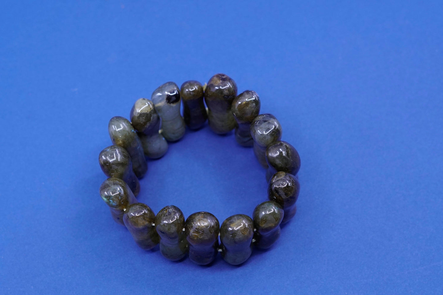 6”, Vintage handmade bracelet, elastic long labradorite beads wide bangle
