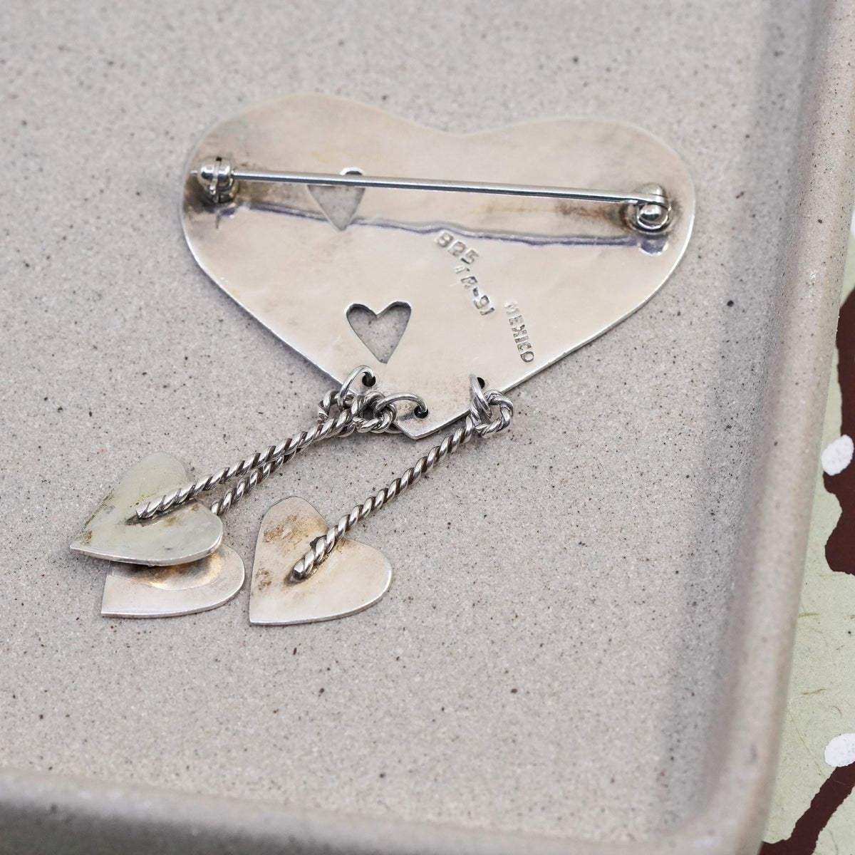 Vintage Mexico Sterling silver handmade brooch, 925 heart pin with dangles