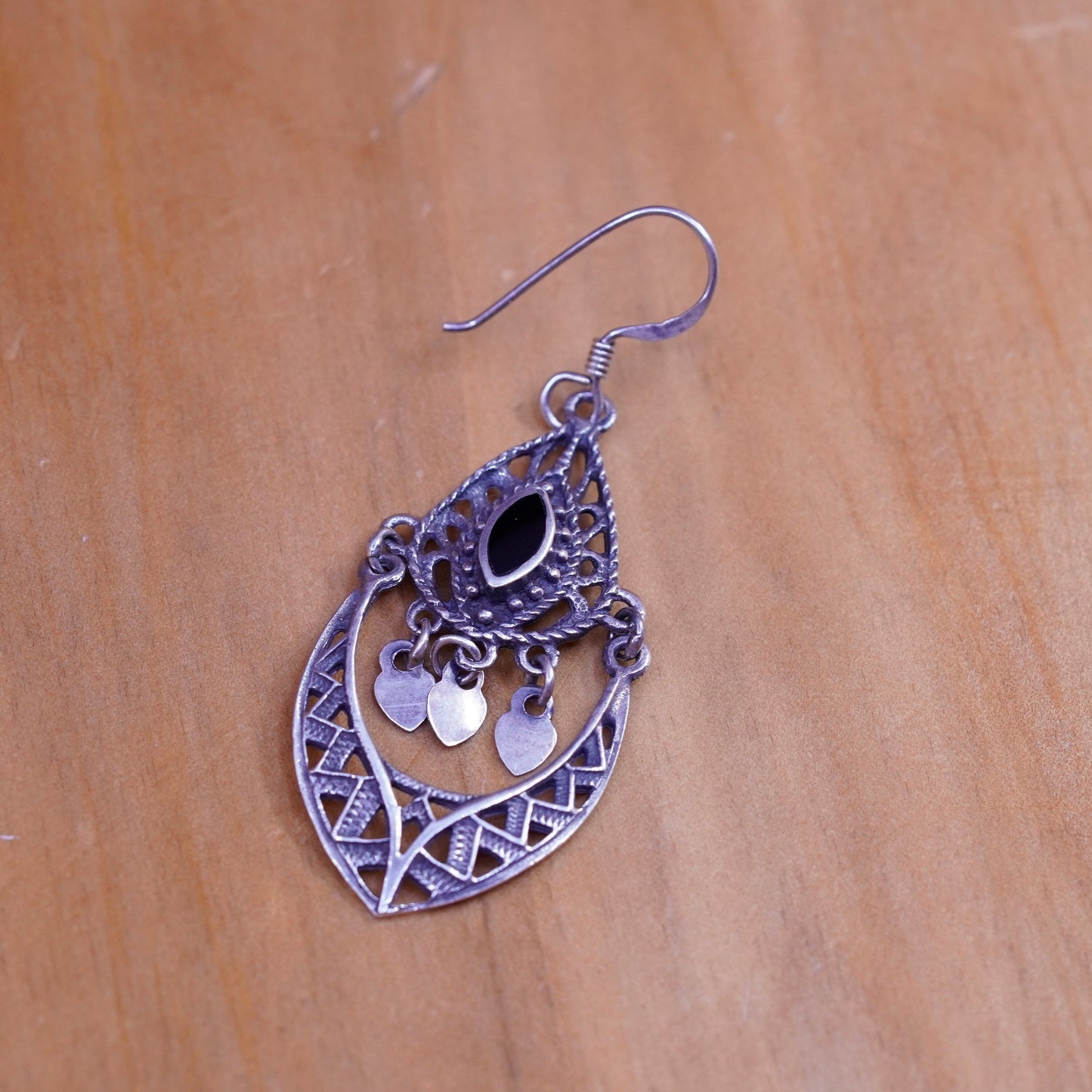 Vintage Sterling 925 silver handmade filigree earrings with obsidian