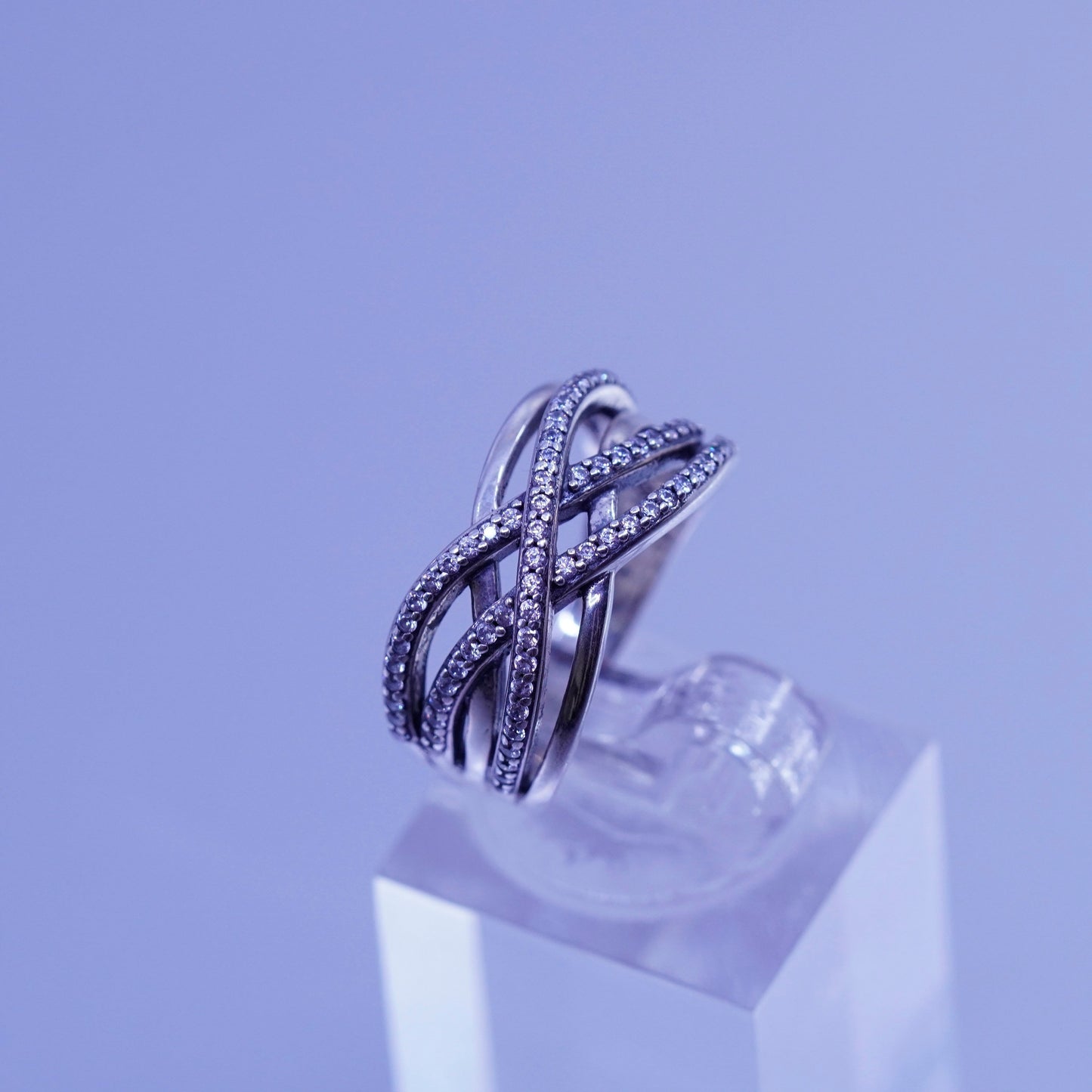 Size 5, vintage Sterling 925 silver handmade band ring with cluster Cz