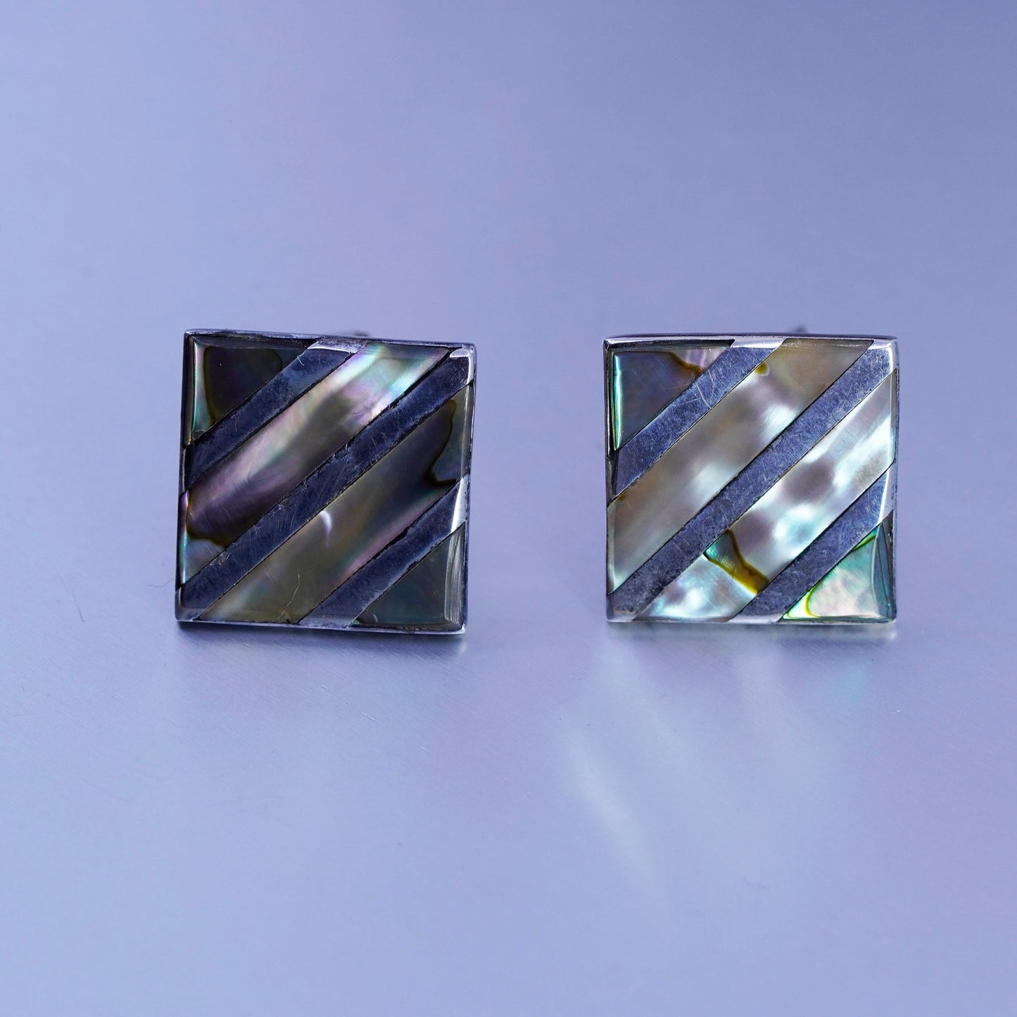 vtg CBL Mexico sterling silver handmade cuff link, 925 square cufflink abalone