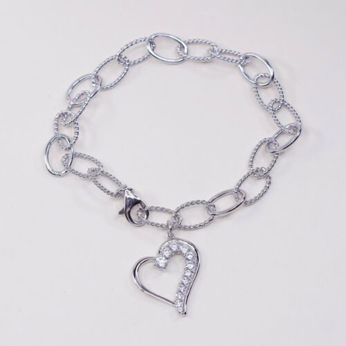 7” Vtg Sterling Silver Handmade Bracelet, 925 Rope Circle W/ Heart Cz Charm