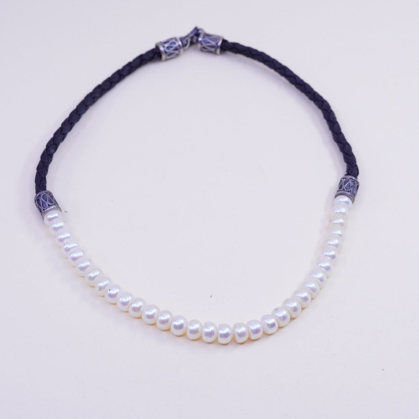 Vintage Braided Black Leather necklace with Pearl and Sterling 925 silver clasp