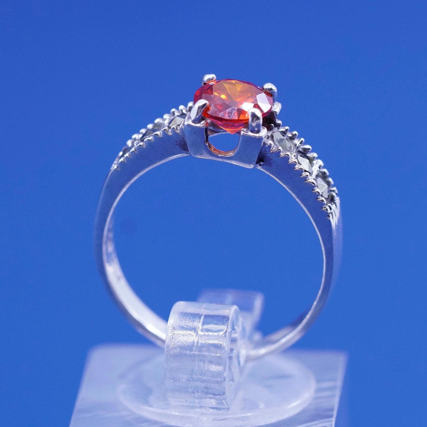 sz 6.75, vtg Sterling 925 silver handmade ring w/ orange crystal and Marcasite