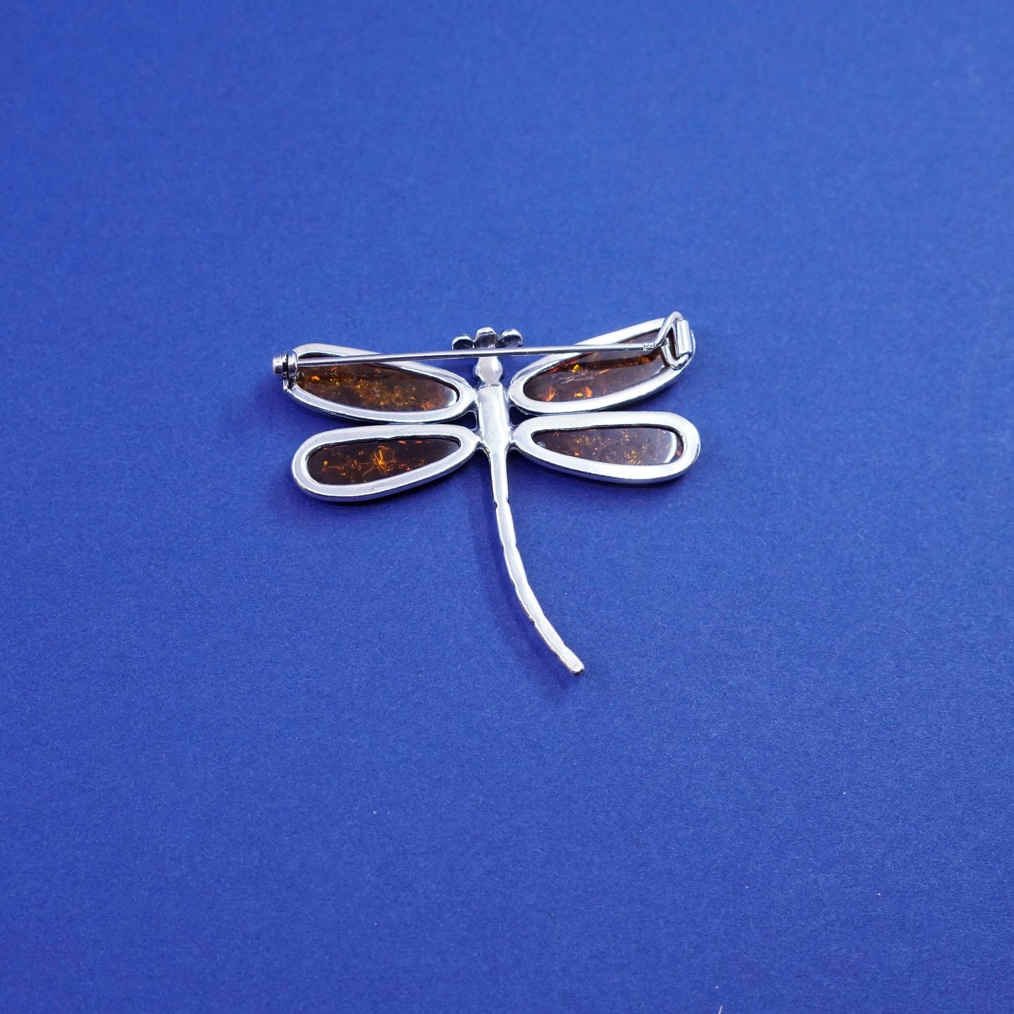 Vintage mexico Sterling 925 silver handmade dragonfly brooch with amber