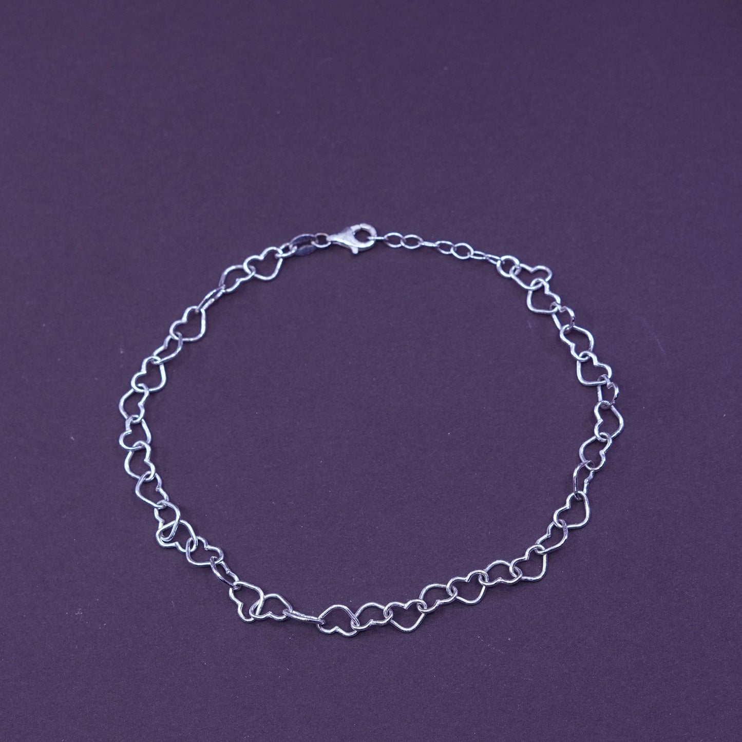 10”, Vintage sterling silver handmade anklet, 925 heart chain, stamped 925 italy