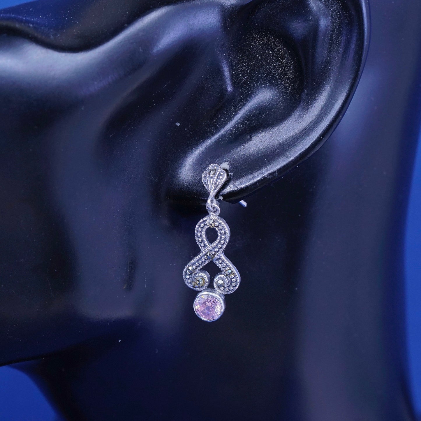 vtg sterling 925 silver handmade earrings w/ pink crystal M marcasite