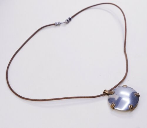 18”, Vtg USA Sterling 925 Silver Brass Disc Pendant W/ BROWN Leather Necklace