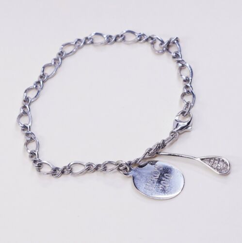 7”, 5mm, vtg Sterling Silver Bracelet, Italy 925 Figaro Chain W/ Tennis Racket