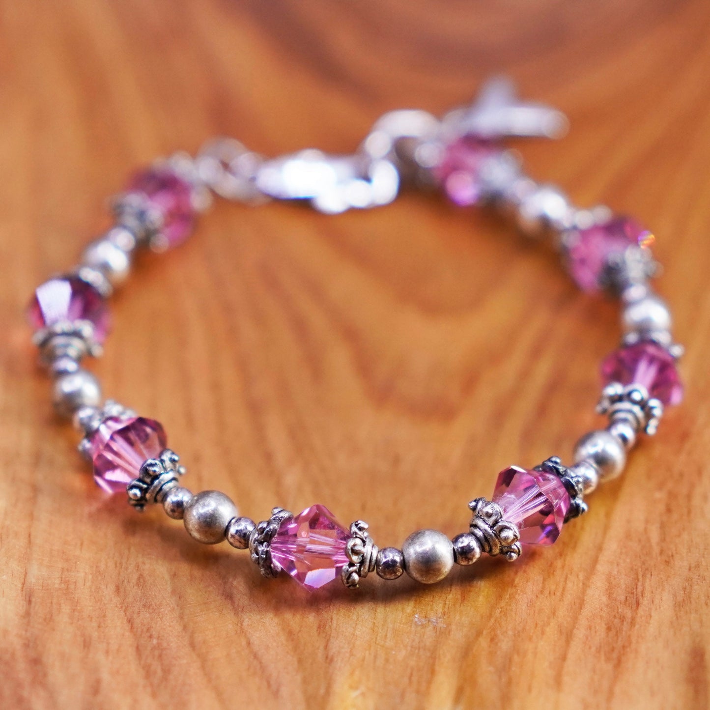 6.75”, Sterling silver bracelet, 925 beads crystal breast cancer ribbon charm