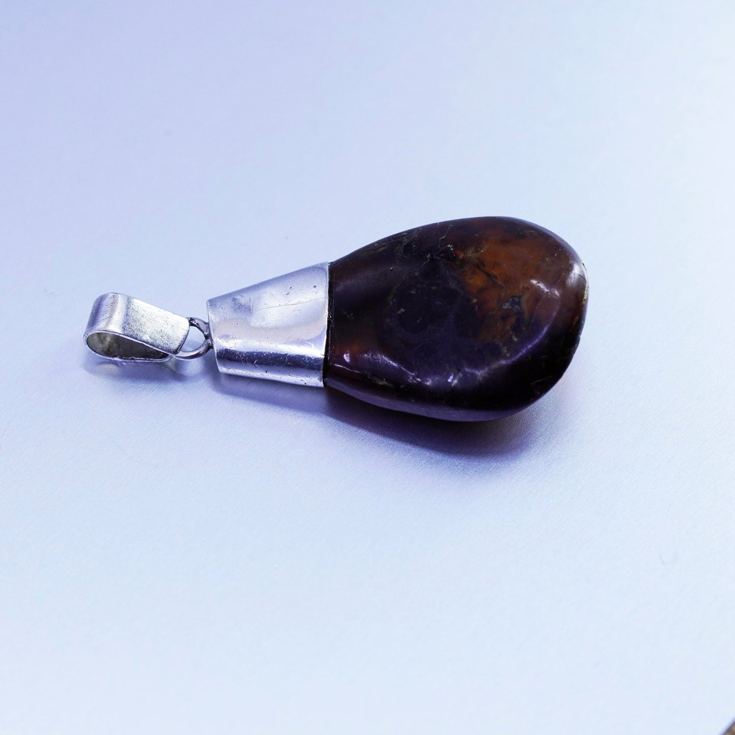 antique sterling 925 silver handmade pendant with teardrop amber