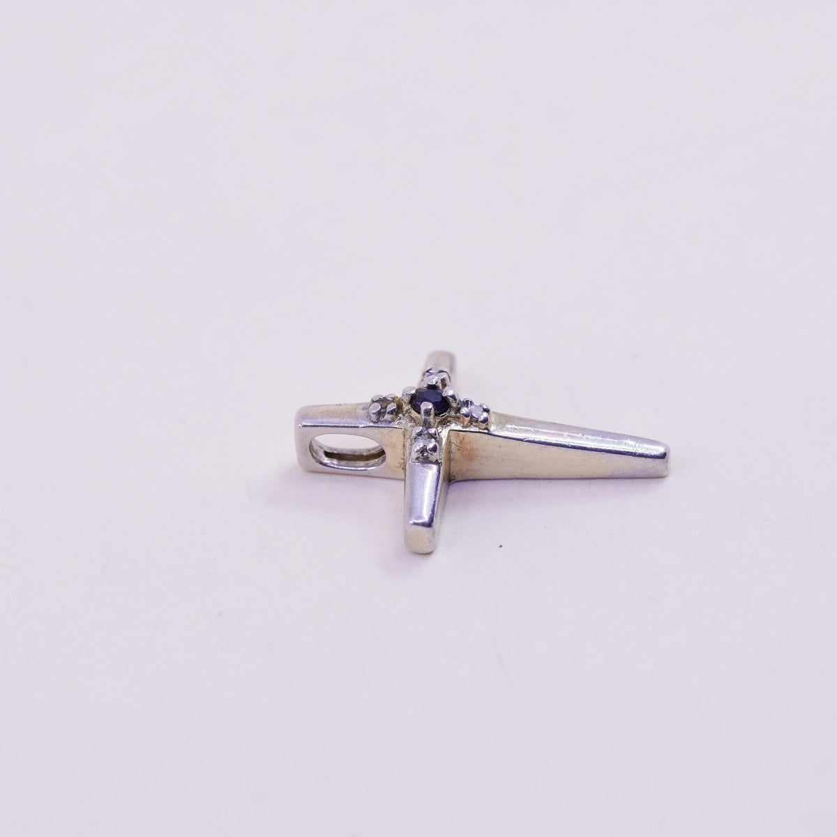 Vintage sterling 925 silver pendant, cross with genuine diamond and sapphire