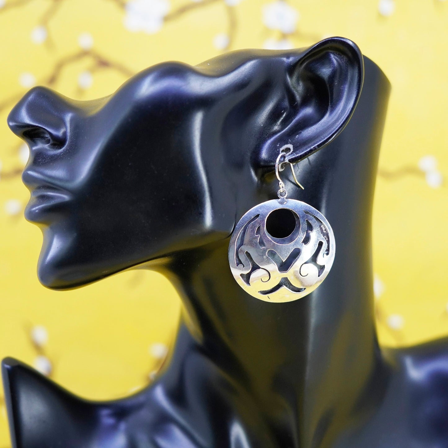 Vintage Mexico taxco Sterling silver handmade earrings, huge 900 circle dangle