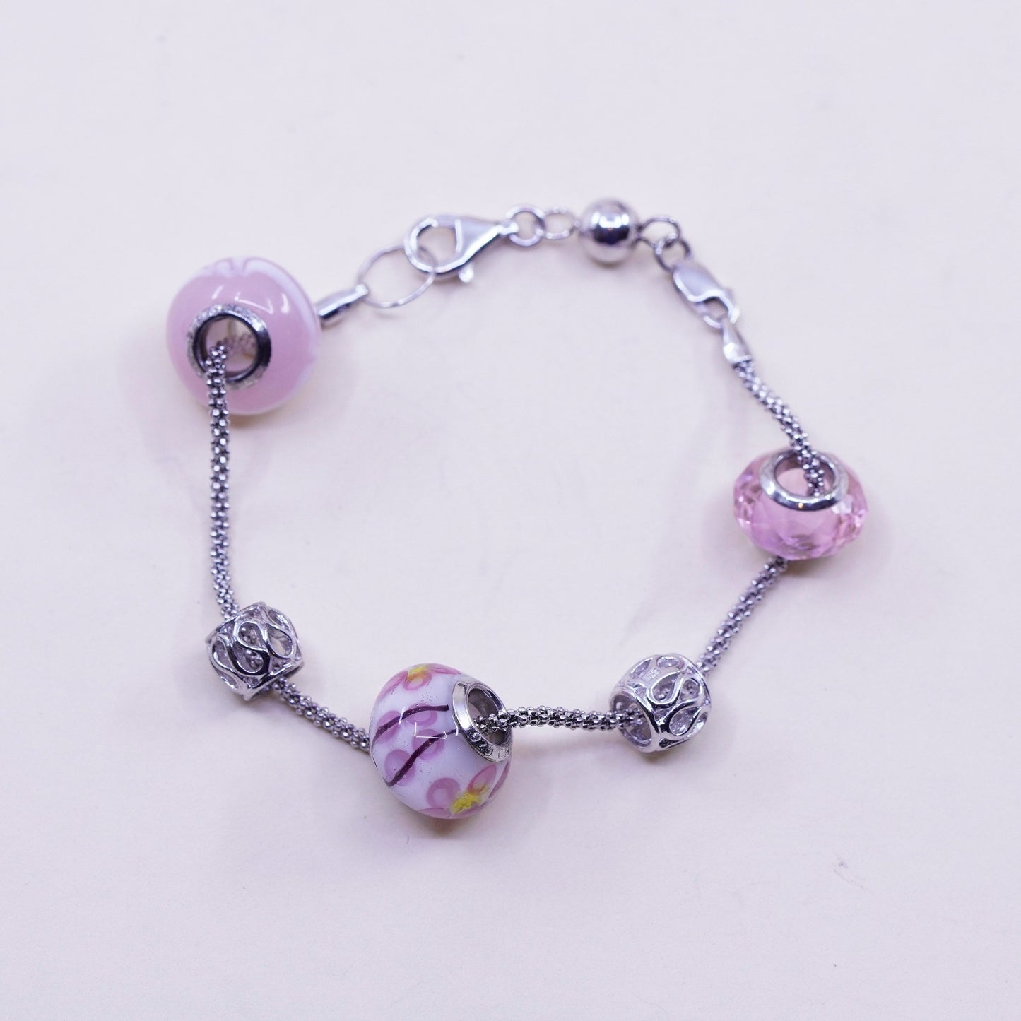 6.75”, 925 Sterling silver popcorn chain bracelet w/ artisan flora glass beads
