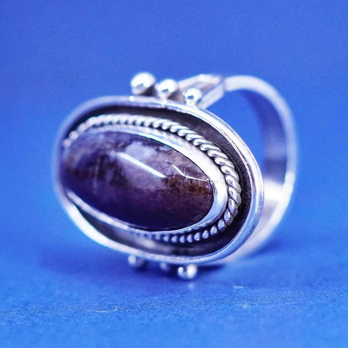 Size 6, vintage Sterling 925 silver handmade ring with agate stone and beads