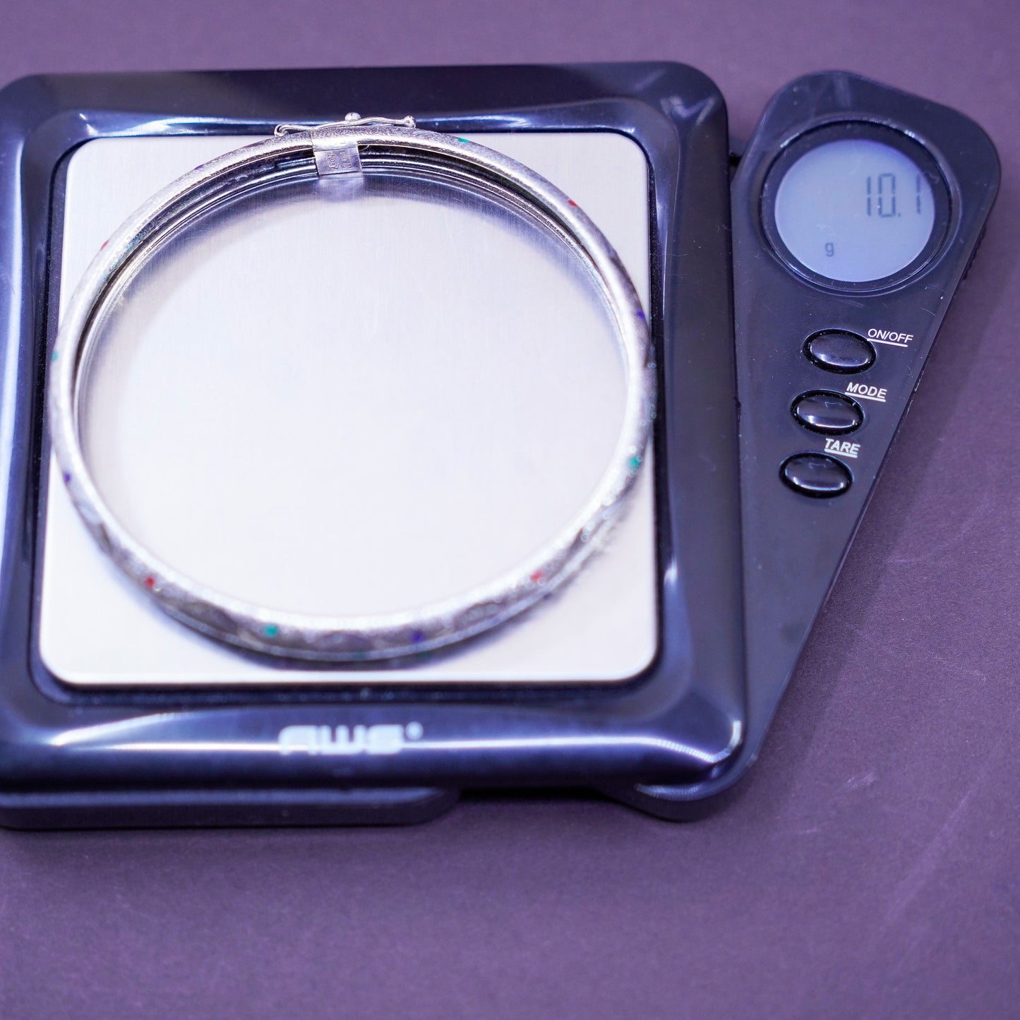 7.75”, sterling silver handmade bracelet, matte 925 hinged bangle colorful dots