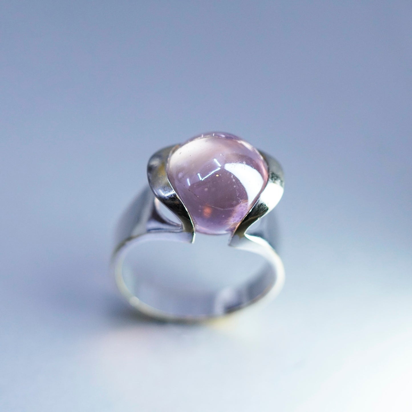Size 10.5, vintage silver tone handmade interchangeable ring with pink glass