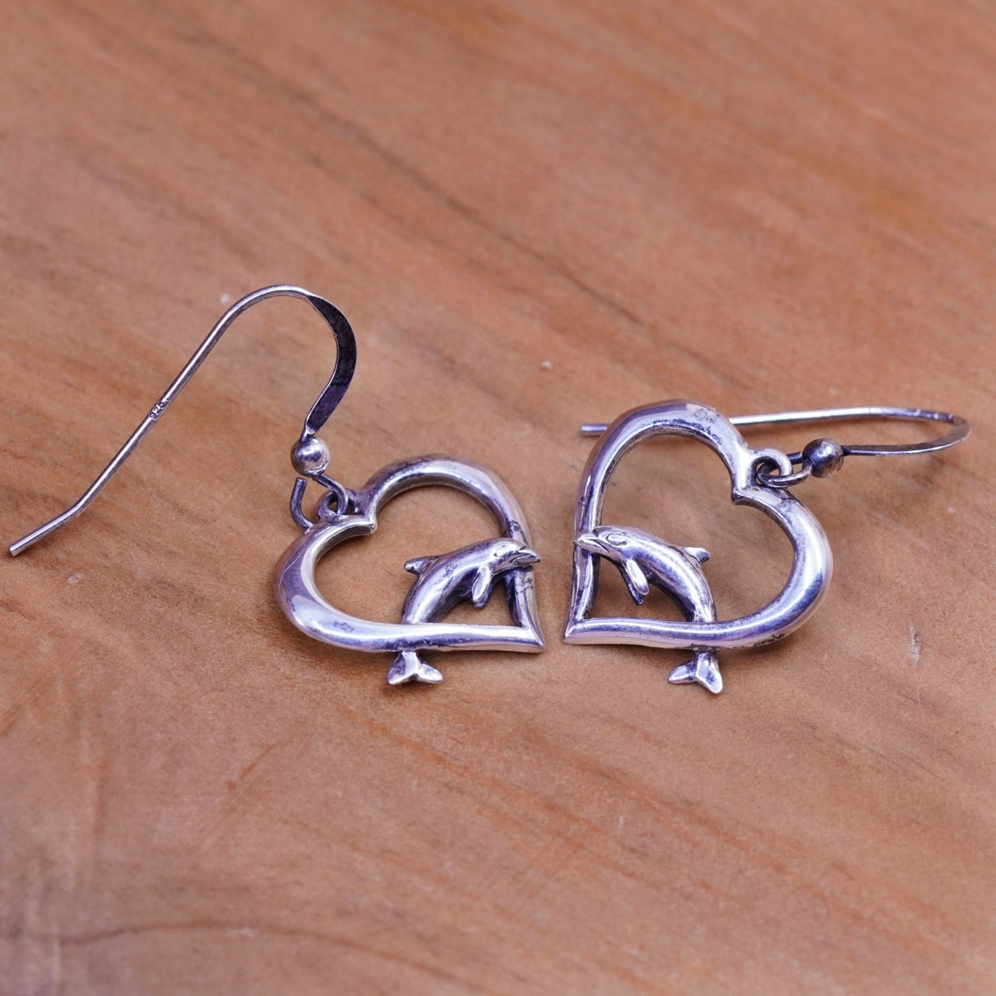 Vintage Sterling silver handmade earrings, 925 heart drops with dolphin