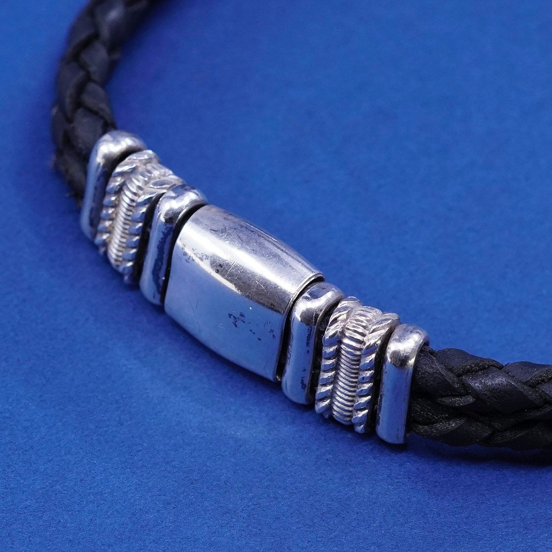 6.5”, vtg JB Sterling silver handmade bracelet, 925 w/ black leather chain