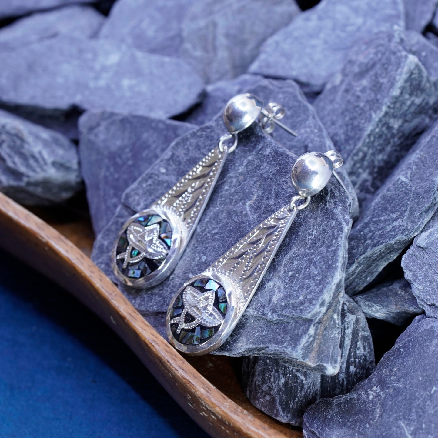 Mexico Sterling 925 silver handmade teardrop earrings abalone Sombrero hat