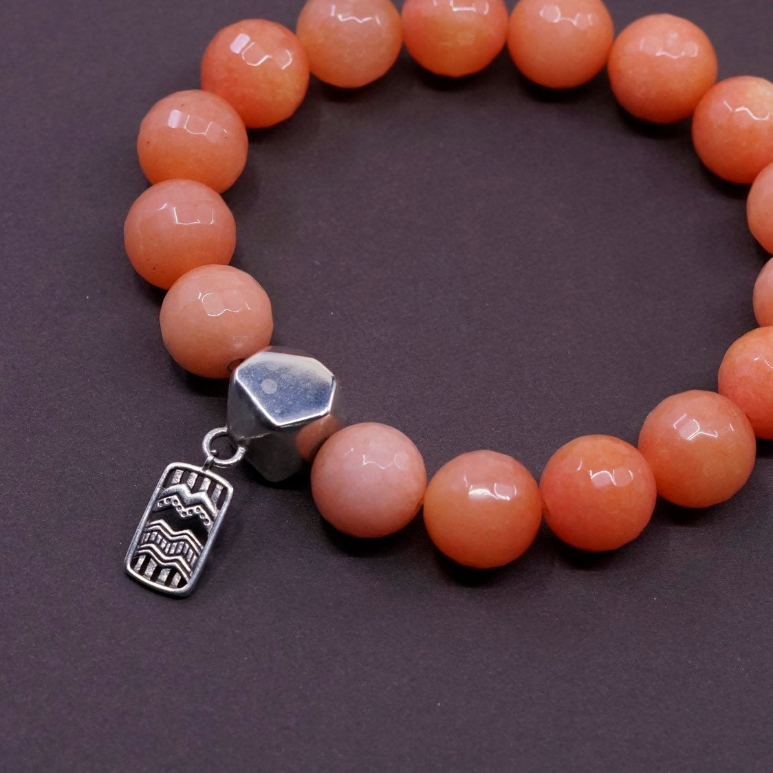 7”, handmade bracelet, elastic band w/ quartz beads sterling 925 silver charm,