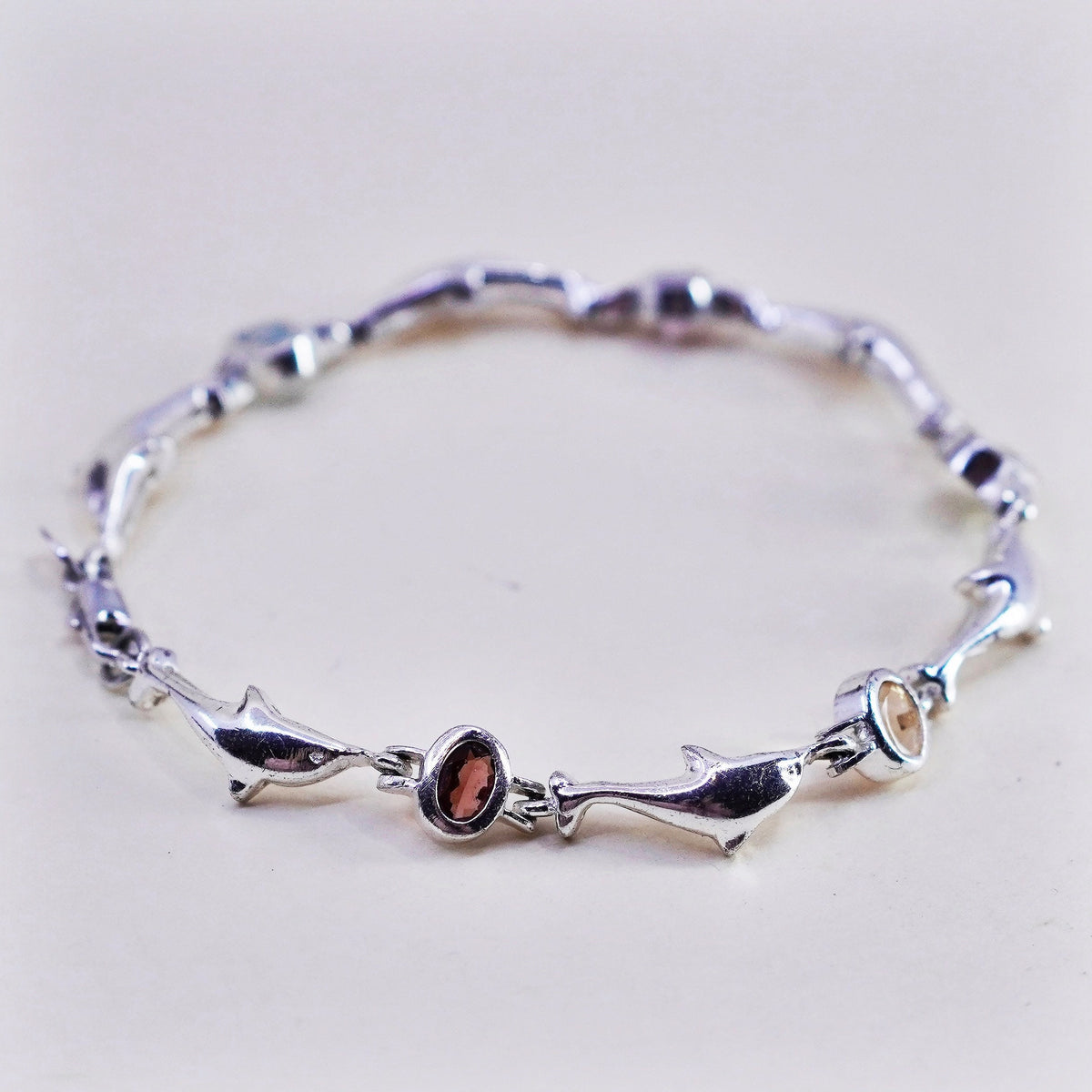 7”, Sterling silver handmade bracelet, 925 dolphin chain colorful gemstones