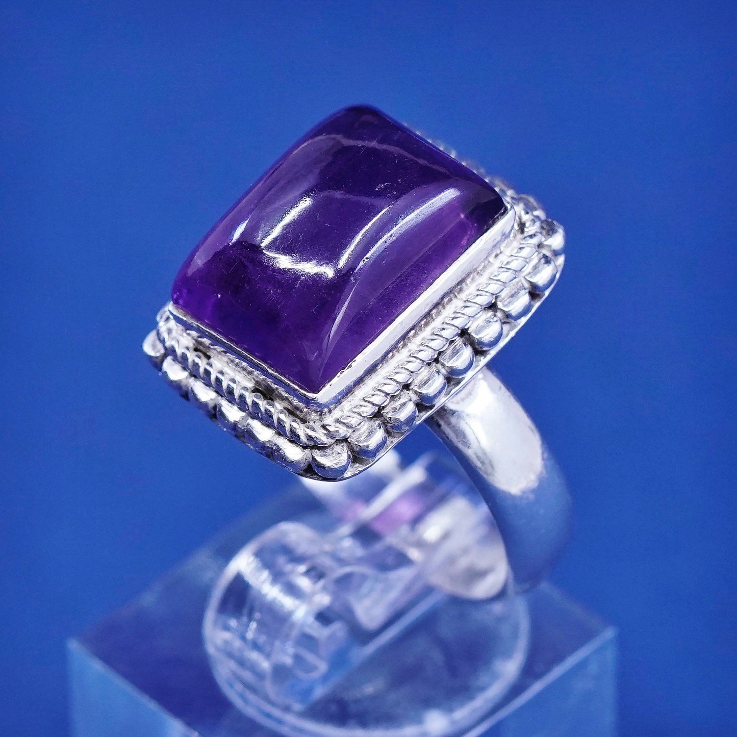 Size 8, vintage Sterling 925 silver handmade ring with amethyst and beads