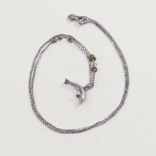 18”, Vtg Italy 925 Sterling Silver Box Chain Necklace W/ Dolphin Pendant