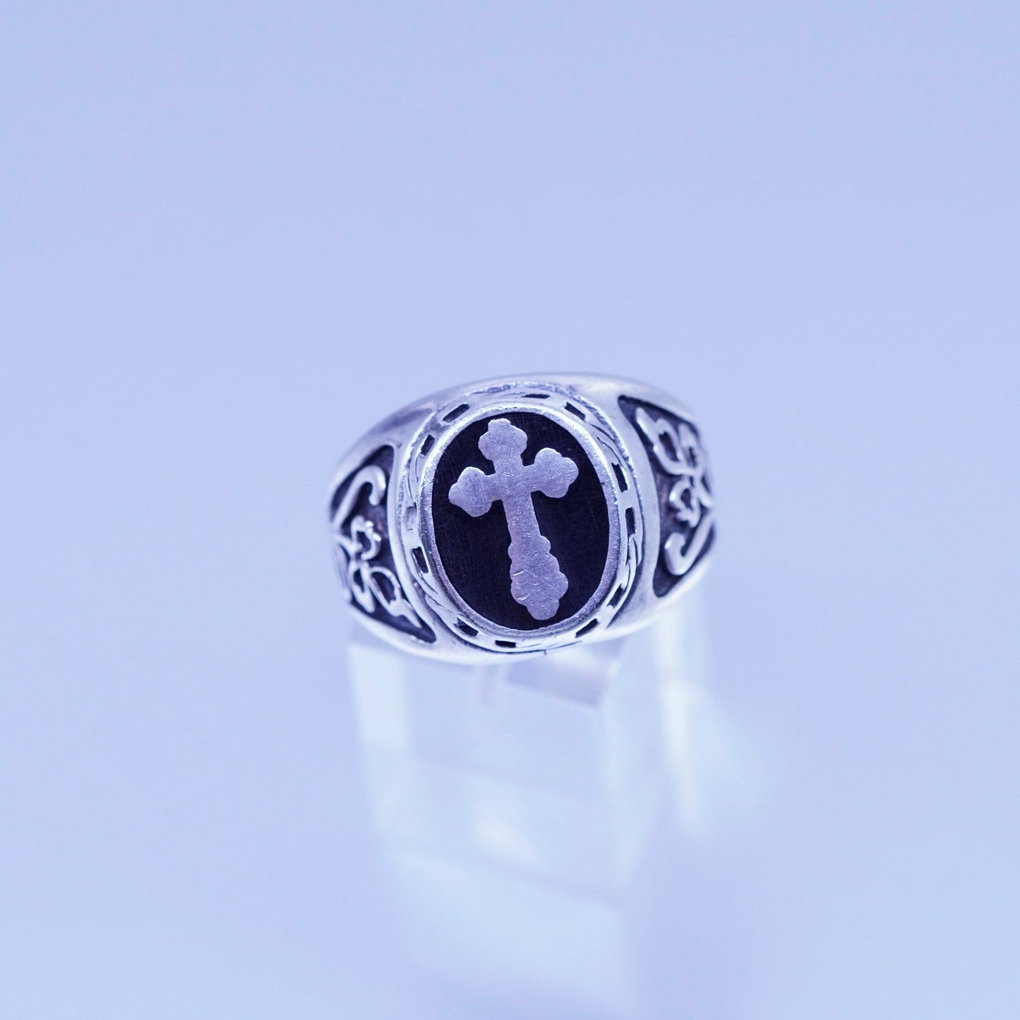 Size 12, vintage statement Sterling 925 silver ring, cross band black enamel