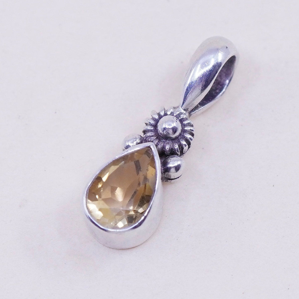 Vintage sterling 925 silver handmade pendant with teardrop citrine