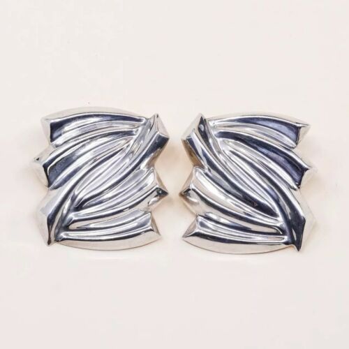 Vtg Modern STERLING 925 SILVER Mexican Handmade Earrings, Ribbed 925 Clip On