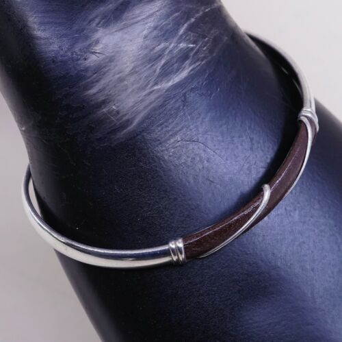 6.75”, Vtg Mexico Handmade Sterling 925 Silver W/ Red Leather Cuff Bracelet
