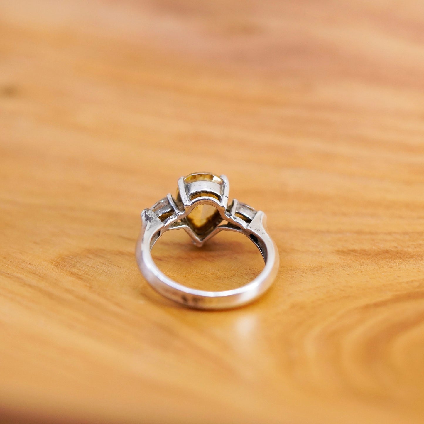 Size 8, vintage Sterling 925 silver handmade ring with teardrop citrine and cz