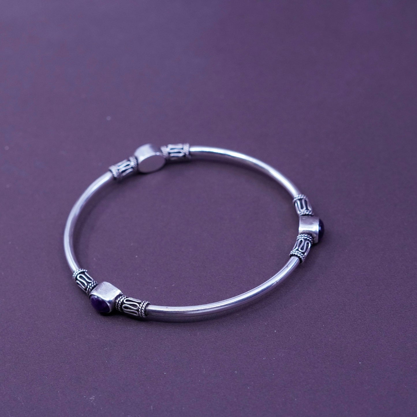 8.25”, southwestern Sterling silver handmade bracelet, 925 bangle with amethyst