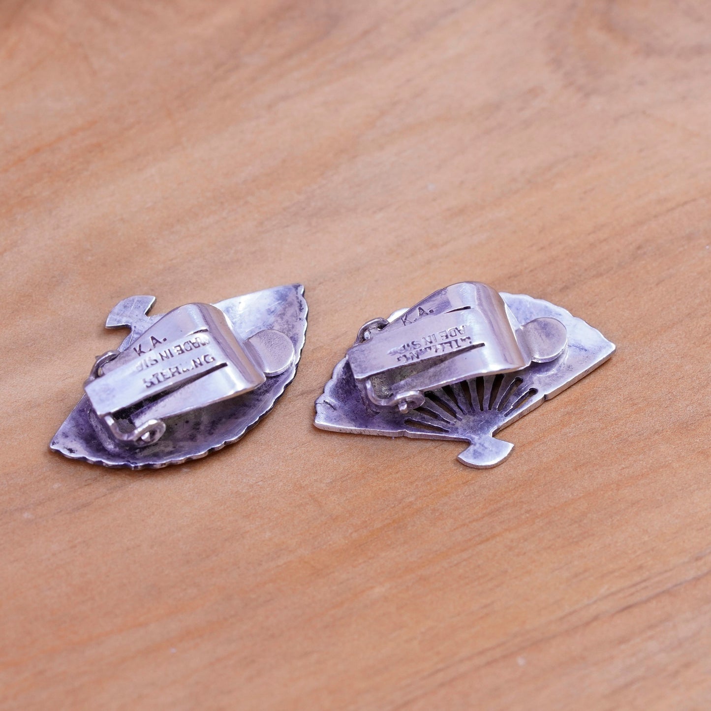 Vintage Siam sterling silver clip on 925 India fan earrings, niello, Siam