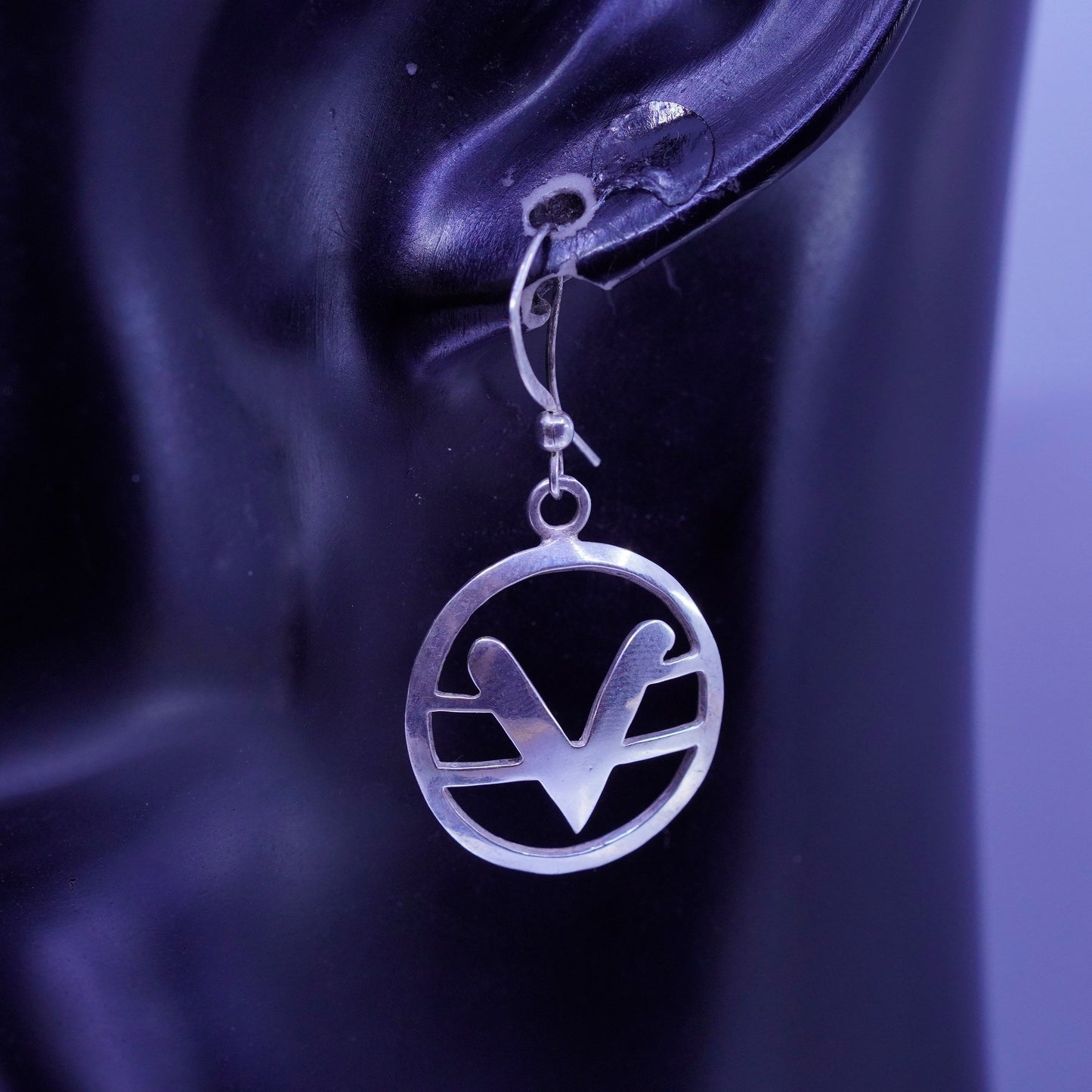 vintage Sterling silver handmade earrings, 925 circle dangles with initial “V”