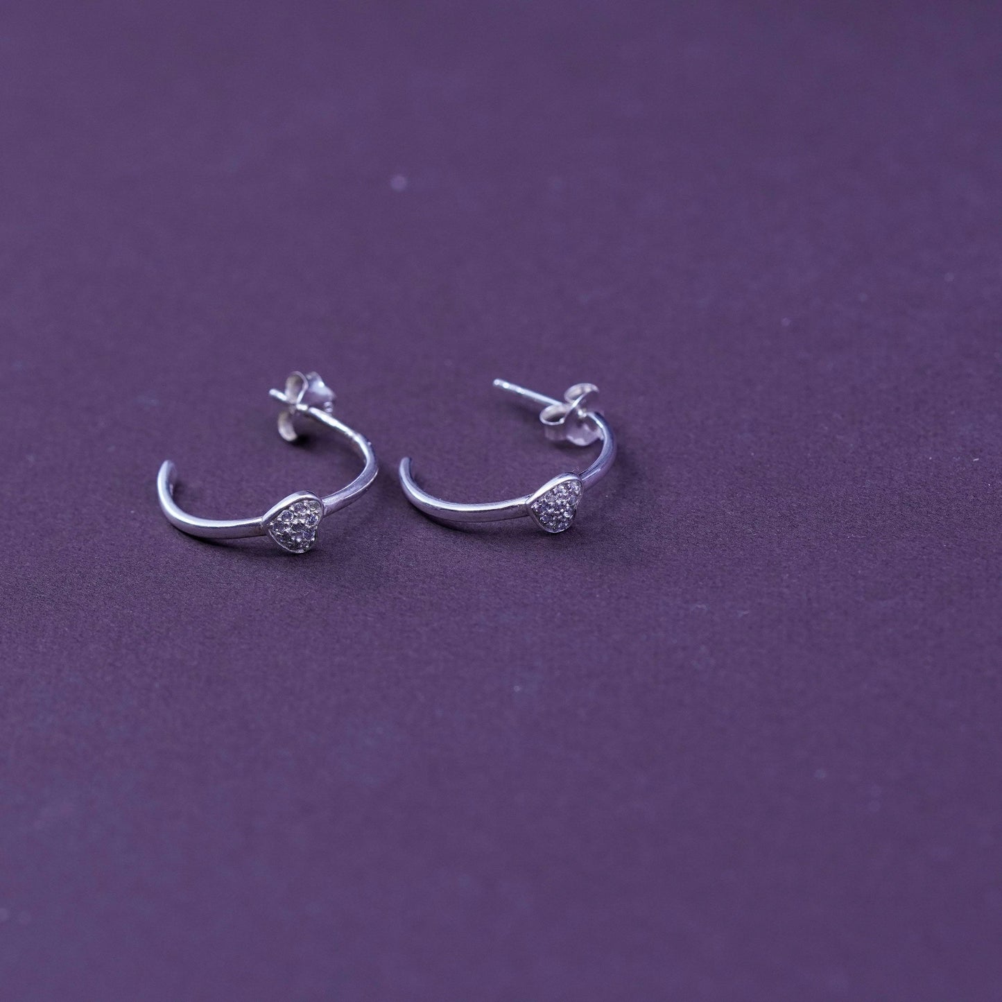 0.75”, Sterling silver handmade earrings, 925 hoops, huggie w/ heart N diamond