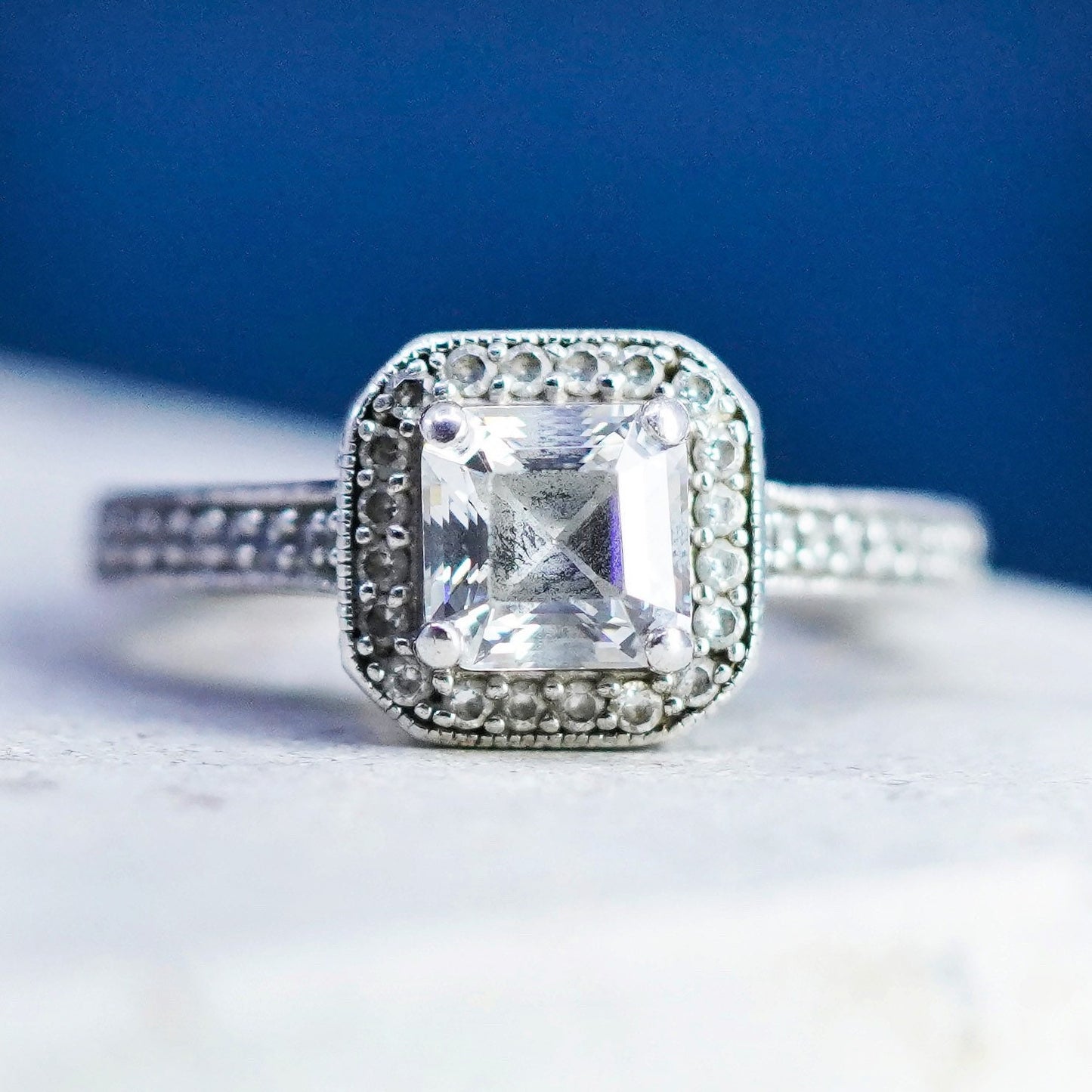 Size 5.5, vintage Sterling 925 silver engagement anniversary ring cluster Cz