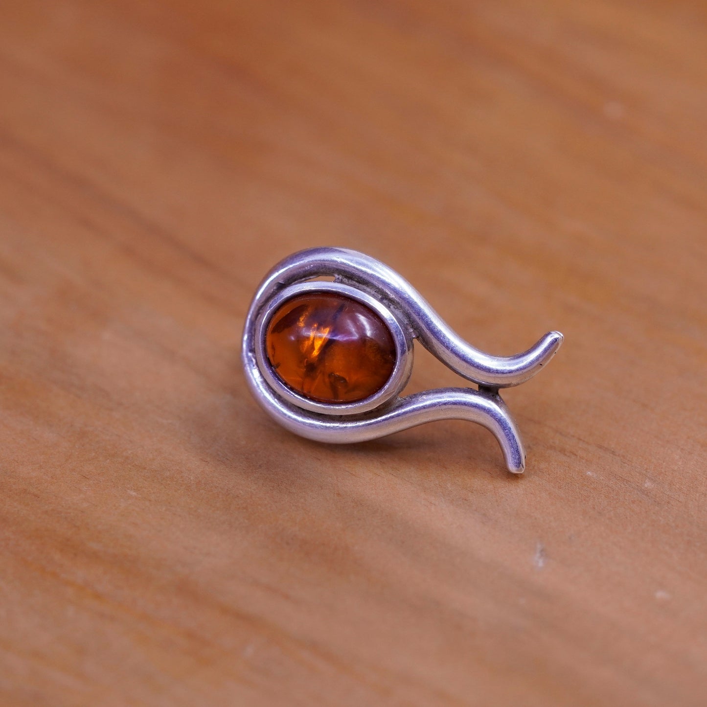 Vintage Sterling Silver Handmade earrings, 925 studs with amber, modernist