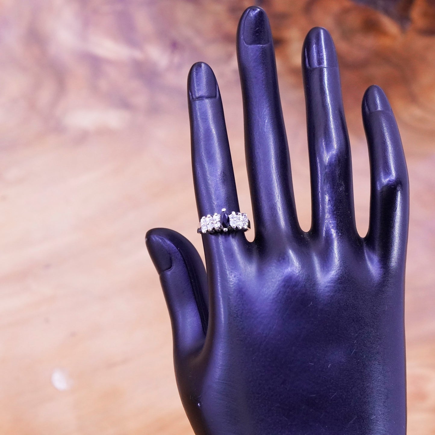 Size 4.75, Vintage Sterling 925 silver handmade ring with obsidian and cz
