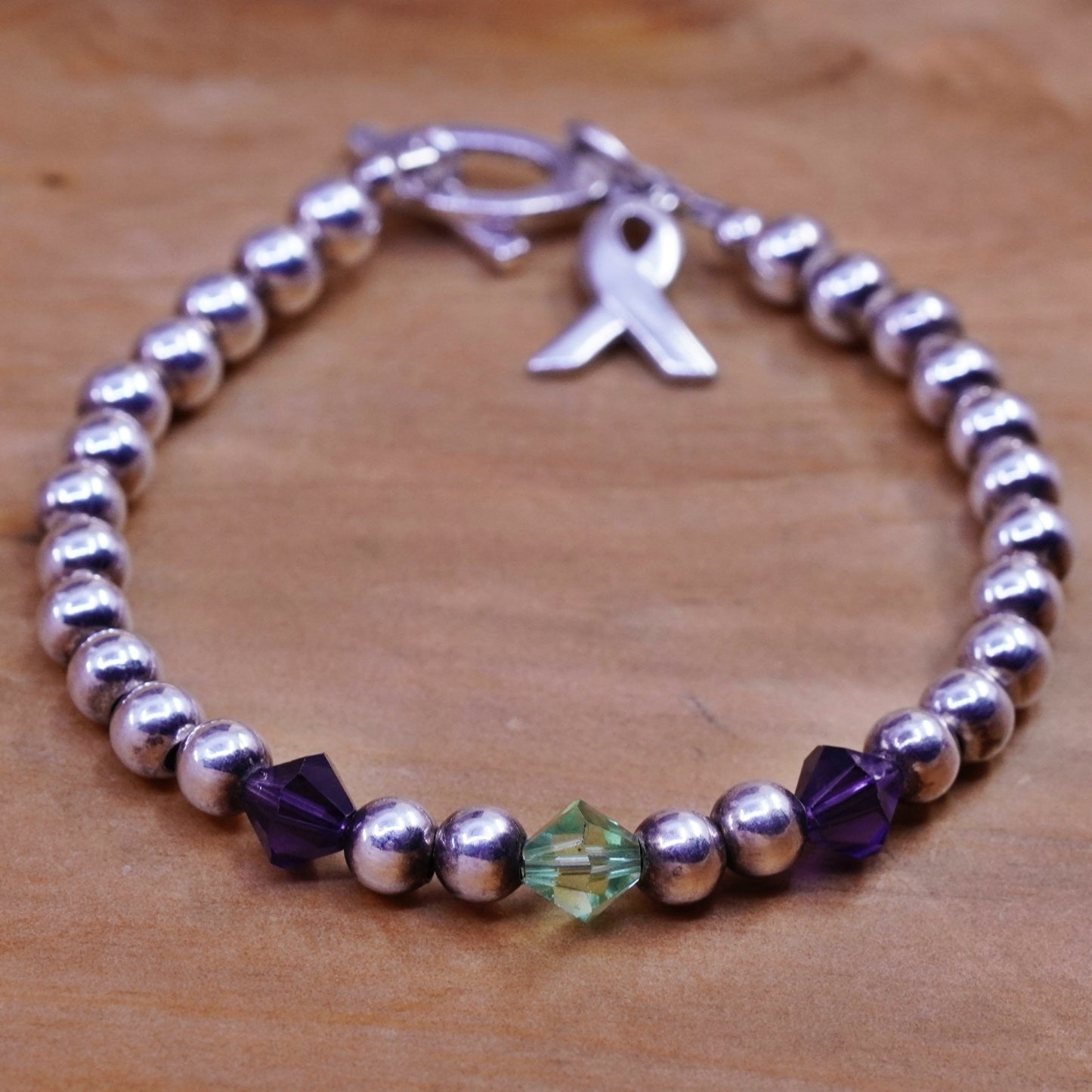 6”, vtg Sterling 925 silver handmade beads bracelet with ribbon bow tie charm