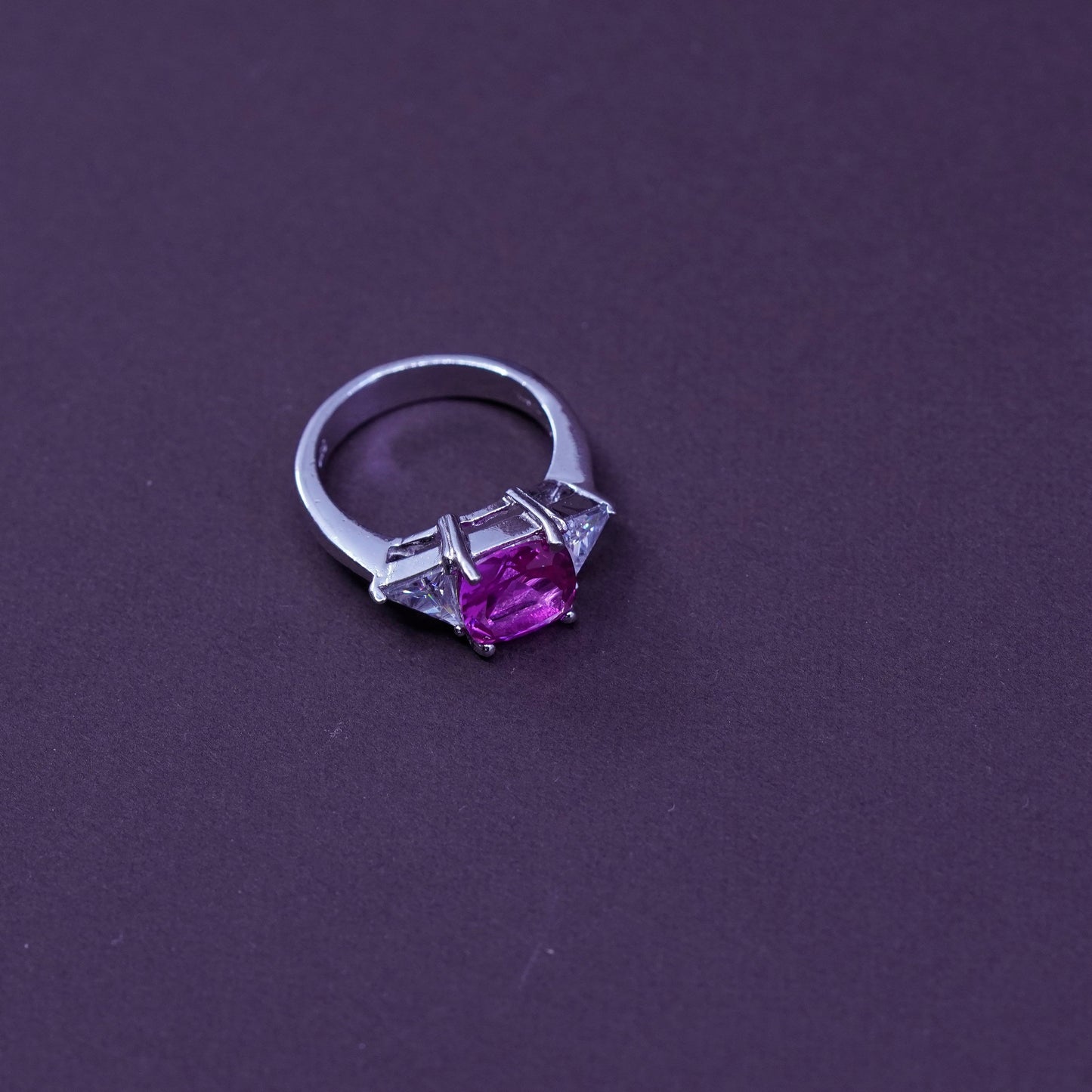 Size 5.25, vintage Sterling 925 silver ring with pink crystal and clear cz