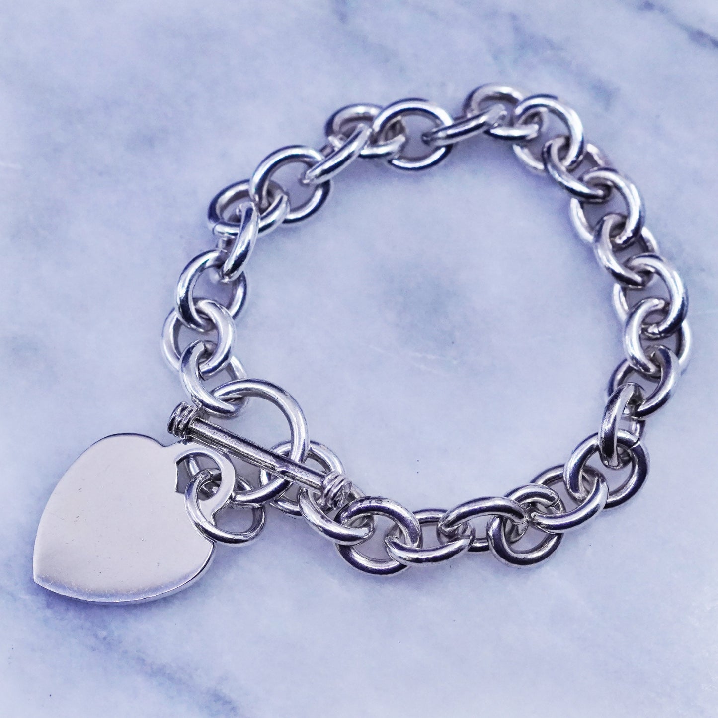 6.25”, Sterling silver handmade bracelet, 925 bold circle chain heart tag charm