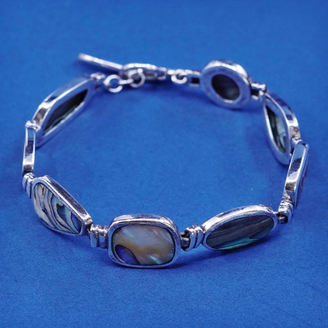 7”, vtg CFJ sterling silver handmade bracelet 925 w/ abalone and toggle closure